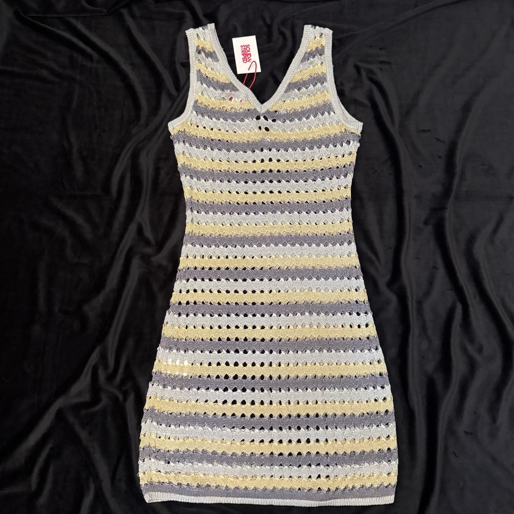 Solid & Striped Lalo Metallic Crochet Knit Mini Dress Silver Gold Size M NWT - Picture 5 of 9